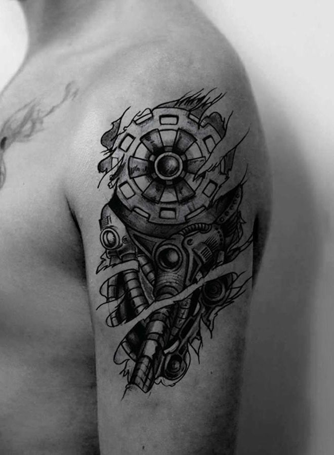 Oottati 6 Sheets Temporary Tattoo Stickers Muscle Men Black 3D Mechanical Metal Arm Hollow Gear Shoulder Leg - Image 4