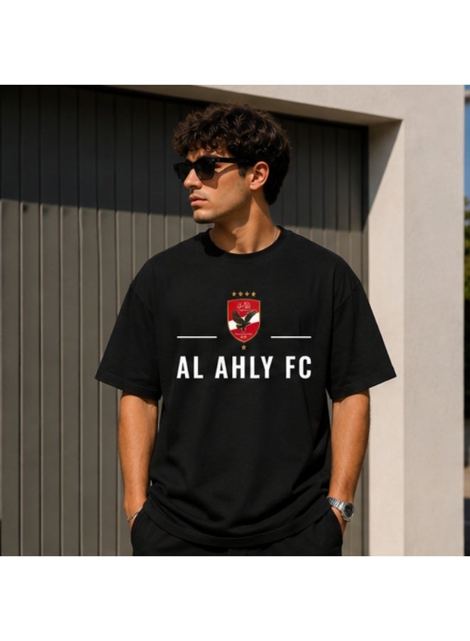 Men's Premium Black Cotton T-Shirt - White "AL AHLY" Printed Graphic Crew Neck Tee (OVERSIZE) - Image 1