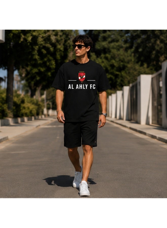 Men's Premium Black Cotton T-Shirt - White "AL AHLY" Printed Graphic Crew Neck Tee (OVERSIZE) - Image 4