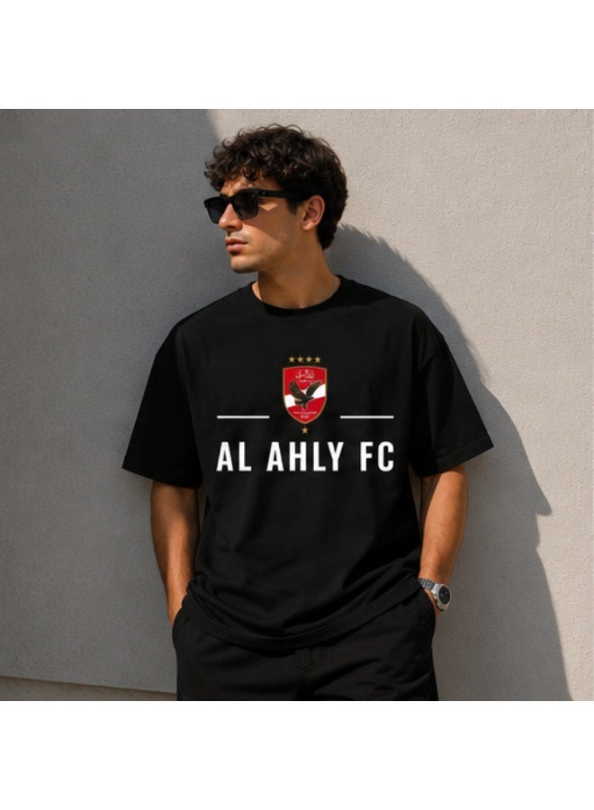 Men's Premium Black Cotton T-Shirt - White "AL AHLY" Printed Graphic Crew Neck Tee (OVERSIZE) - Image 3
