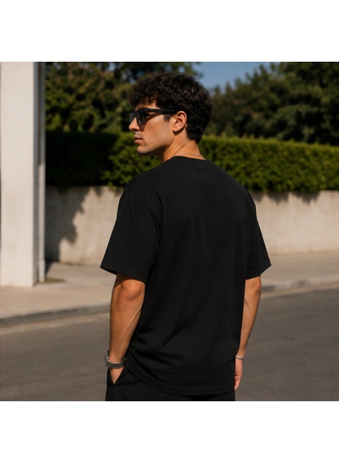 Men's Premium Black Cotton T-Shirt - White "AL AHLY" Printed Graphic Crew Neck Tee (OVERSIZE) - Image 5