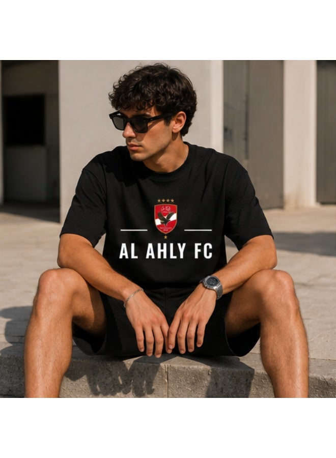 Men's Premium Black Cotton T-Shirt - White "AL AHLY" Printed Graphic Crew Neck Tee (OVERSIZE) - Image 2