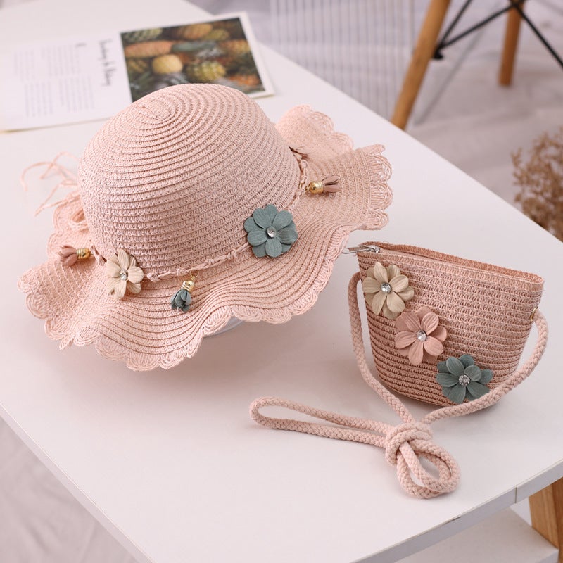 New straw hat 2-10 years old girl spring and summer travel sunscreen hat fresh flower sunshade hat crossbody bagLotus root starch color [hat bag]] Lotus root starch color [hat bag]] 