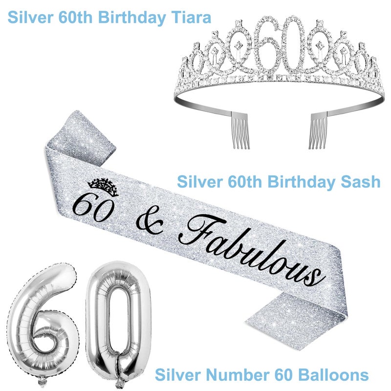 YeohJoy 60Th Birthday Decorations For Women Silver With 60Th Birthday Tiara And Sash  Cake Topper And Candles  Silver Number Balloons  60 Year Old Gifts For Women - Image 3