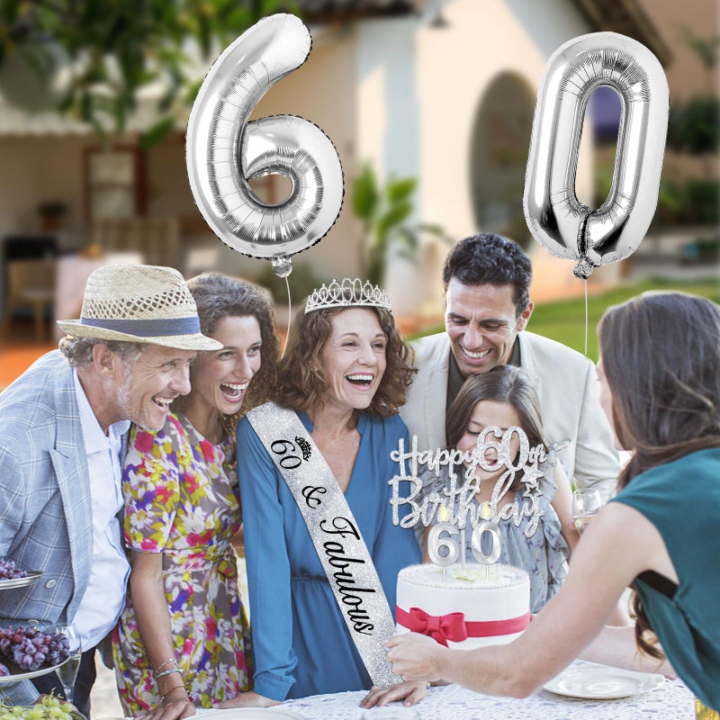 YeohJoy 60Th Birthday Decorations For Women Silver With 60Th Birthday Tiara And Sash  Cake Topper And Candles  Silver Number Balloons  60 Year Old Gifts For Women - Image 2