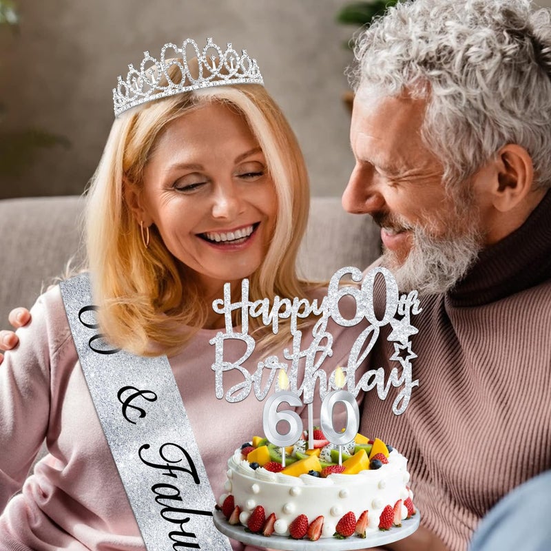 YeohJoy 60Th Birthday Decorations For Women Silver With 60Th Birthday Tiara And Sash  Cake Topper And Candles  Silver Number Balloons  60 Year Old Gifts For Women - Image 5