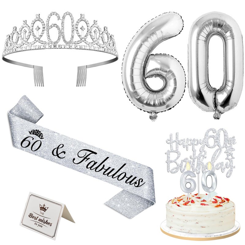 YeohJoy 60Th Birthday Decorations For Women Silver With 60Th Birthday Tiara And Sash  Cake Topper And Candles  Silver Number Balloons  60 Year Old Gifts For Women - Image 1