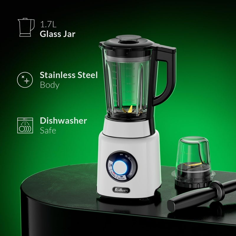 Feller Germany, 1200W Blender + Grinder Mill, 1.7L Glass Jar, Ice Crush/Smoothie/Pulse Modes, Variable Speed, 6-Fin Blade, Safety Lock, BLG1200, 2Y Guarantee-KSA Version Stainless Steel (White) - Image 4