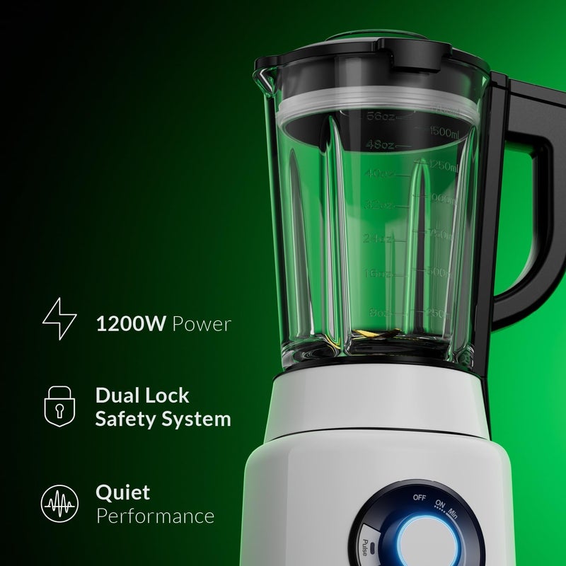 Feller Germany, 1200W Blender + Grinder Mill, 1.7L Glass Jar, Ice Crush/Smoothie/Pulse Modes, Variable Speed, 6-Fin Blade, Safety Lock, BLG1200, 2Y Guarantee-KSA Version Stainless Steel (White) - Image 2