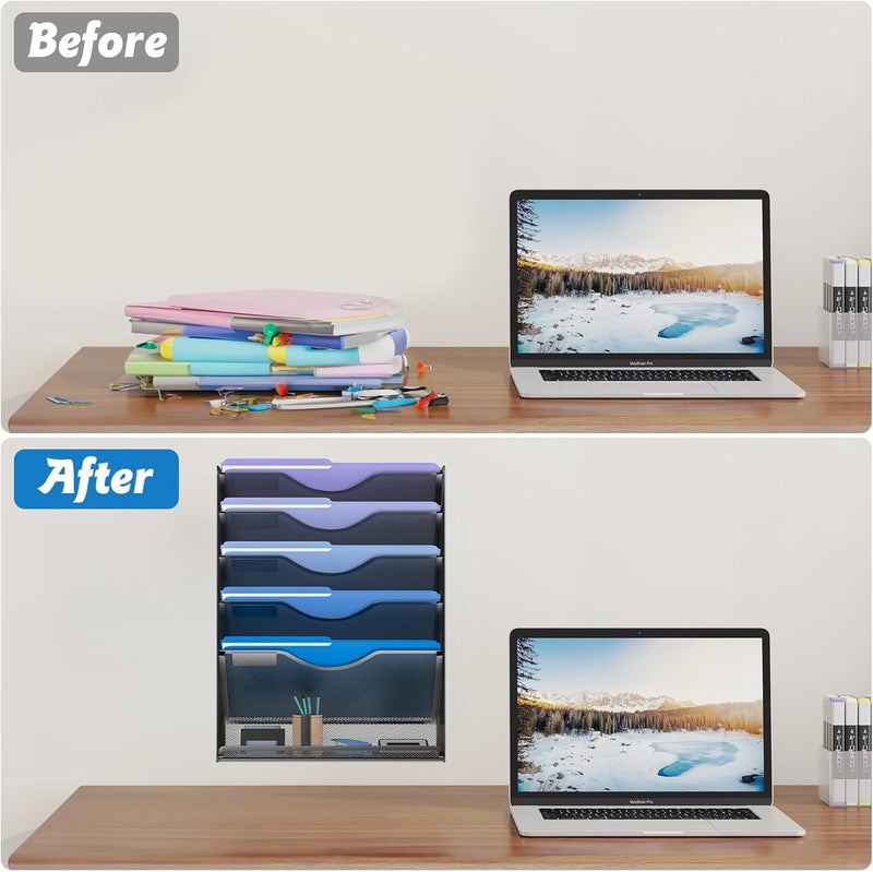 Gawerk منظِّم الملفات المعلق من ذو 5 طبقات، حامل ملفات حائطي شبكي مع رف أوراق و صينية مسطحة قاعدية للمكتب والمنزل، أسود - Image 4