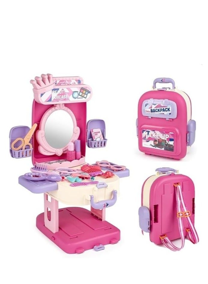 40-Piece Kids Makeup Backpack Portable Children’s Dressing Table Toy Vanity with Fashion Accessories Pretend Play Set - Image 1