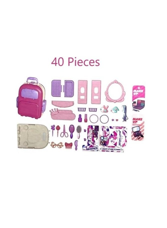 40-Piece Kids Makeup Backpack Portable Children’s Dressing Table Toy Vanity with Fashion Accessories Pretend Play Set - Image 2
