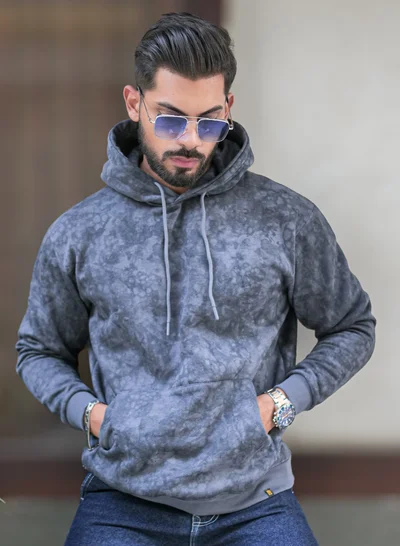 Maniac Maniac Mens Spray Printed Hooded Neck Full Sleeve Lite Grey Loopnet Sweatshirt