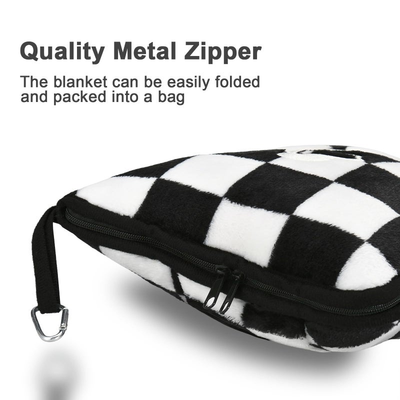 Jungle Star Travel Blanket and Pillow Compact, Premium Soft 2 in 1 Airplane Blanket with Soft Bag Pillowcaseï¼ŒHand Luggage Sleeve and Backpack Clip (Checkered Black) - Image 4