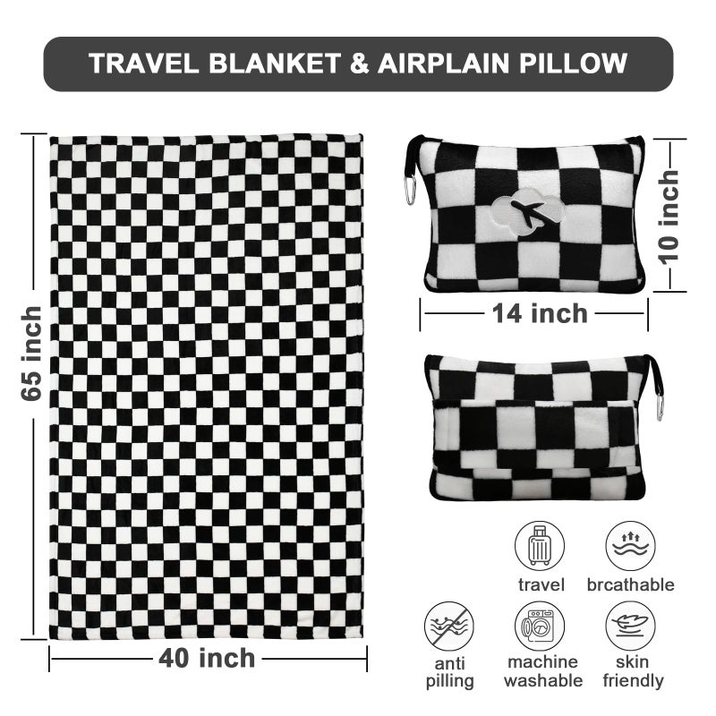 Jungle Star Travel Blanket and Pillow Compact, Premium Soft 2 in 1 Airplane Blanket with Soft Bag Pillowcaseï¼ŒHand Luggage Sleeve and Backpack Clip (Checkered Black) - Image 3