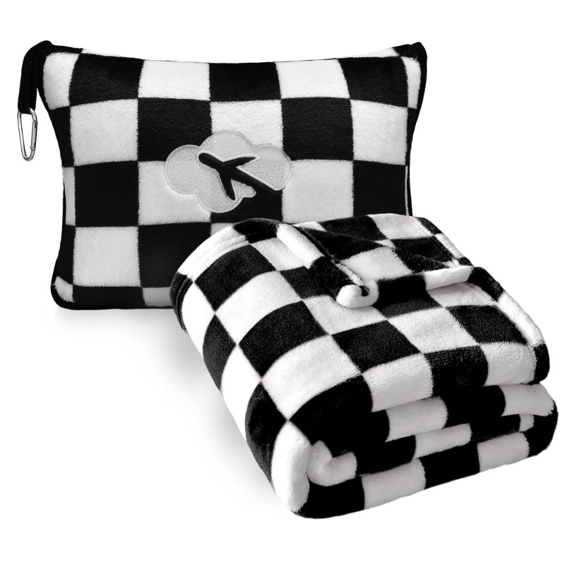 Jungle Star Travel Blanket and Pillow Compact, Premium Soft 2 in 1 Airplane Blanket with Soft Bag Pillowcaseï¼ŒHand Luggage Sleeve and Backpack Clip (Checkered Black) - Image 1