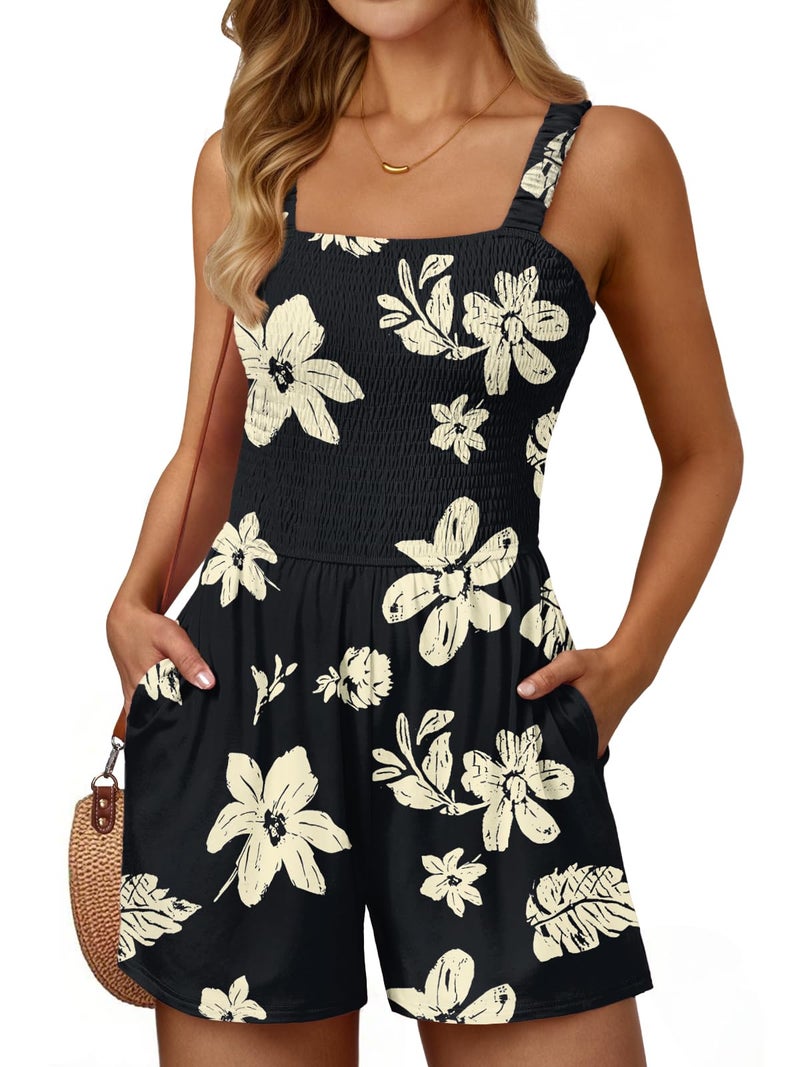 AUTOMET Rompers for Women Summer Vacation Beach Outfits Casual Loose Square Neck Shorts Jumpsuits Overalls 2026 Resort Wear Black M - Image 1