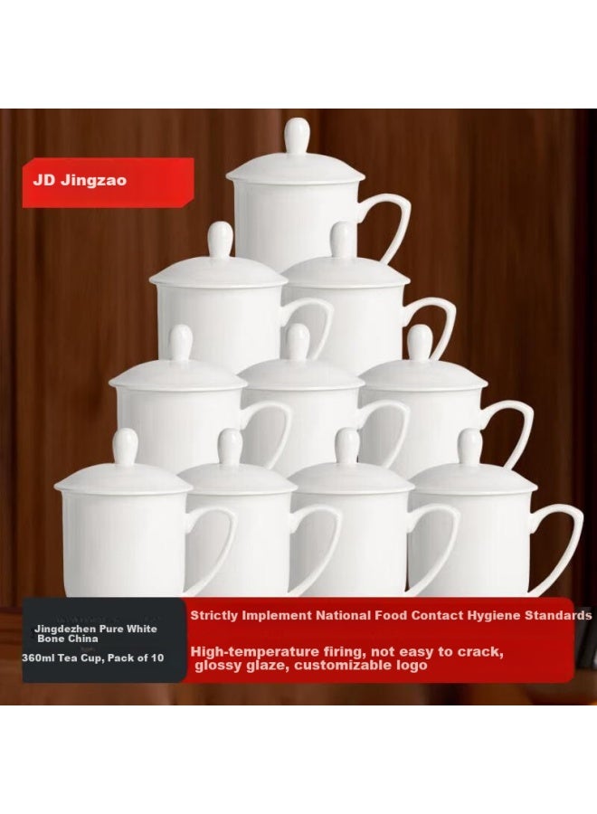 JD.com Jd Jingzao Ceramic Tea Cup With Lid For Office Meeting, White, 360Ml, Pack Of 10 - Image 1
