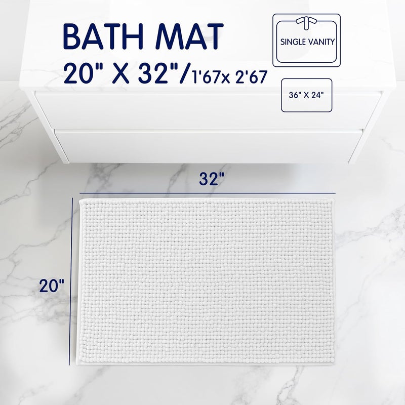 subrtex Bathroom Rugs Chenille Bath Rug Soft Short Plush Bath Mat Soft Shower Mat Water Absorbent Shower Mat Quick Dry Machine Washable (White, 20" x 32") - Image 3