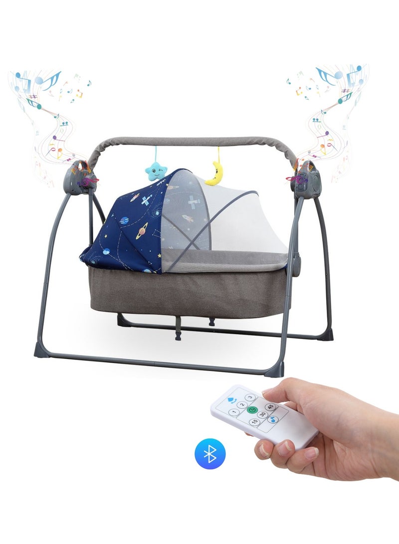 Moms Magic Baby Cradle Grey Tone Blue– Foldable Design with Adjustable Electric Swing, Bluetooth Music, & Remote Control – Ideal for Newborn Comfort and Convenience – Stylish & Compact - Image 1