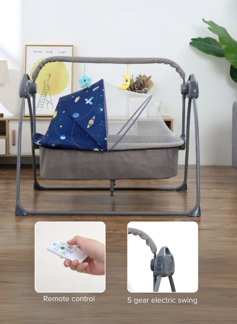 Moms Magic Baby Cradle Grey Tone Blue– Foldable Design with Adjustable Electric Swing, Bluetooth Music, & Remote Control – Ideal for Newborn Comfort and Convenience – Stylish & Compact - Image 4