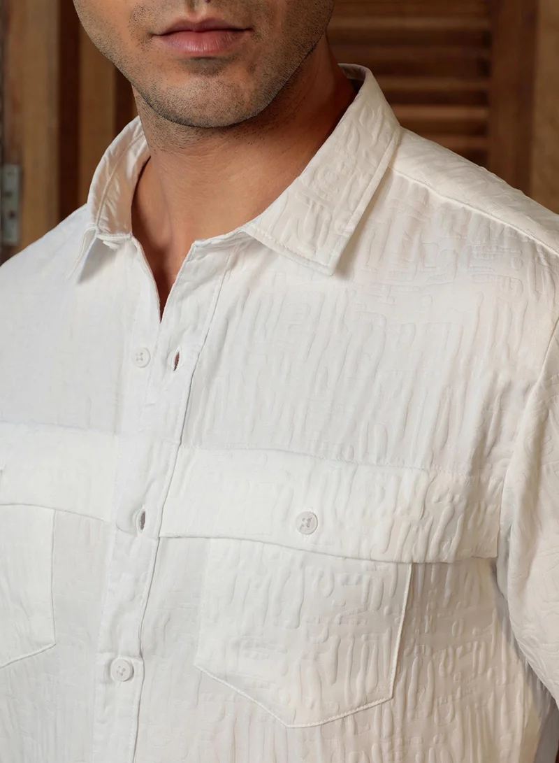Campus Sutra Campus Sutra Men's Chalk White Aztec-Tactile Modular Shirt For Casual Wear | Spread Collar | Long Cuffed Sleeves | Button Closure | Shirt Crafted With Comfort Fit For Everyday Wear