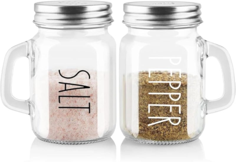 Mason Jar Salt and Pepper Shakers Set, Clear Glass with Handles, Metal Lids, Kitchen Condiment Dispensers, 2 Piece Set with Labels