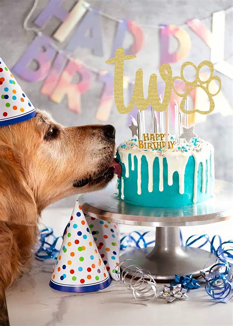 AHAORAY Paw Print Two Cake Topper - Gold Glitter Pet Dog Second Birthday Cake Decorations Supplies - Pet Puppy Theme Party Cake Decor  for Pet Birthday Party  Baby Shower Favors or Photo Booth Props - Image 2
