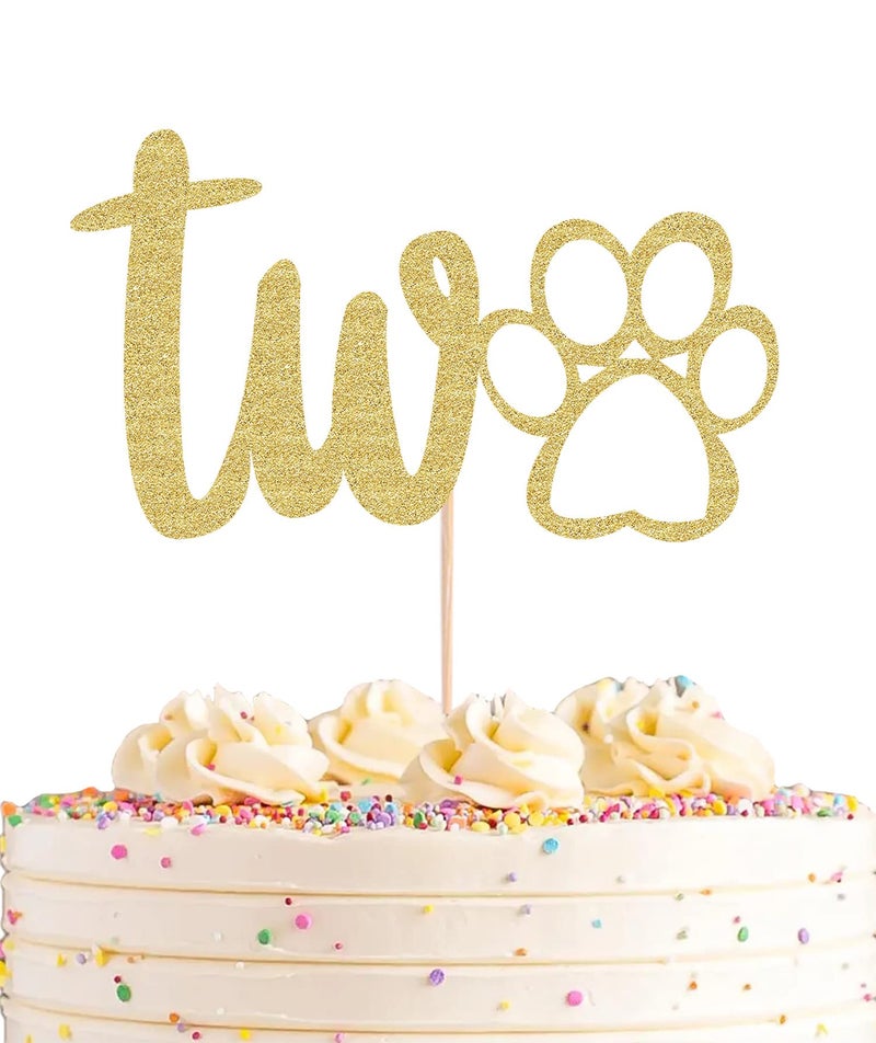 AHAORAY Paw Print Two Cake Topper - Gold Glitter Pet Dog Second Birthday Cake Decorations Supplies - Pet Puppy Theme Party Cake Decor  for Pet Birthday Party  Baby Shower Favors or Photo Booth Props - Image 1