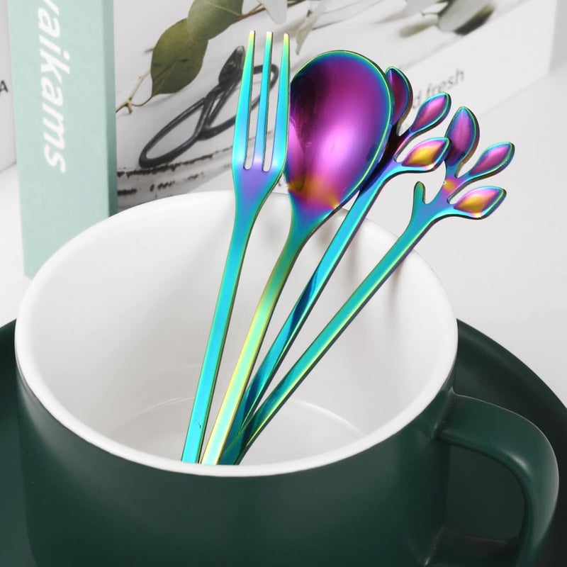 AnSaw Multi usage 10-Pc Rainbow Mini Spoons & Forks Set, 4.7" - Leaf Handle | Stainless Steel,Ideal for Coffee,Tea, Dessert,Appetizers, Tastings, Parties, Charcuterie & Cocktails Global simple assemble options - Image 5