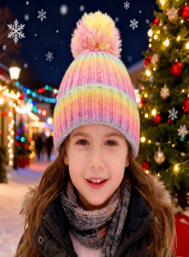 EDCYF Kids Winter Knit Beanie Hat Children's Thick Warm Fleece Lined Hat with Pompom for Girls Ages 4-10 - Image 2