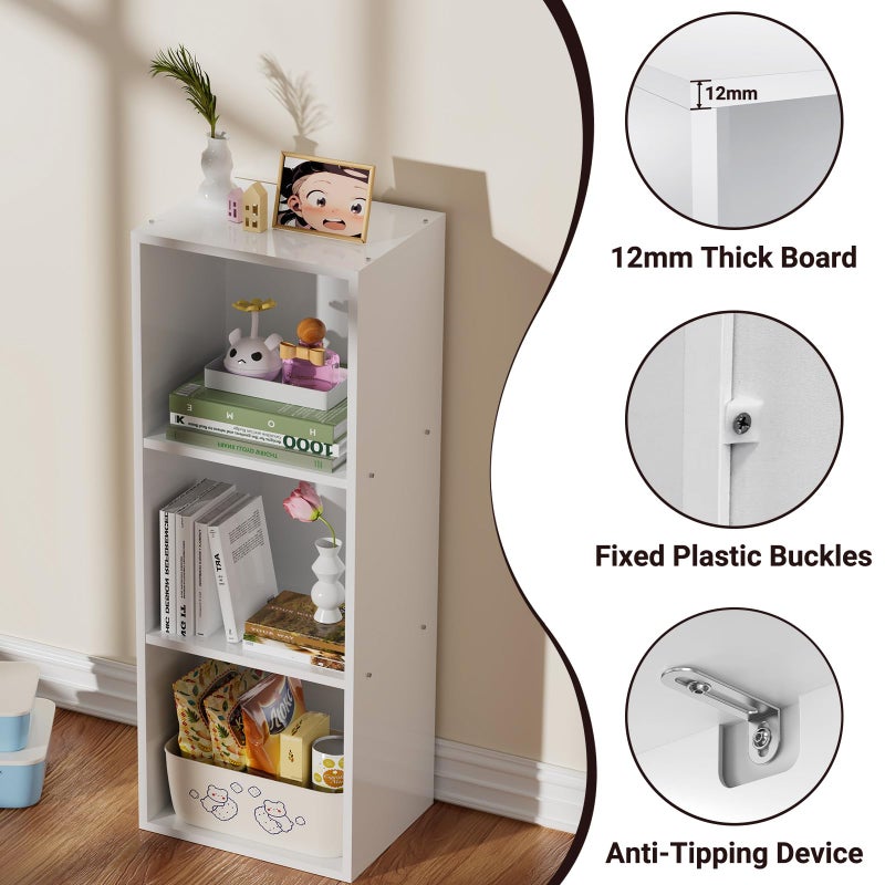 Nestwise 3 Tier Bookshelf, Narrow Bookcase for Small Spaces, Wooden Book Case Bookshelves Storage Organizer for Bedroom Living Room Home Office (White, 3 Cube) - Image 4