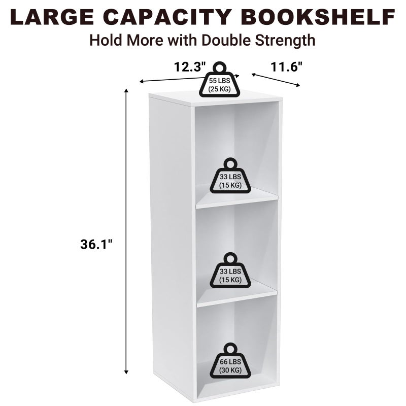 Nestwise 3 Tier Bookshelf, Narrow Bookcase for Small Spaces, Wooden Book Case Bookshelves Storage Organizer for Bedroom Living Room Home Office (White, 3 Cube) - Image 3