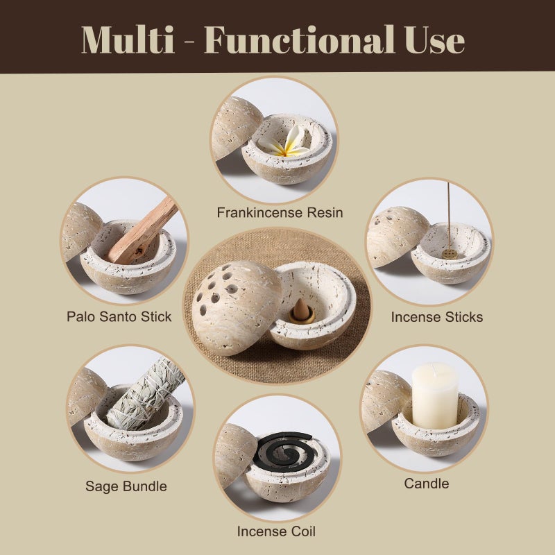 Koville Natural Travertine Incense Burner, Stone Incense Holder for Cone/Balsam Fir/Palo Santo/Sage, Handmade Sphere Marble Incense Burner for Meditation Yoga SPA Relaxation, Home Decor(Beige) - Image 2