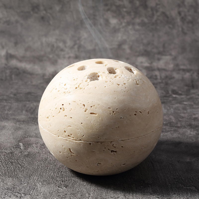 Koville Natural Travertine Incense Burner, Stone Incense Holder for Cone/Balsam Fir/Palo Santo/Sage, Handmade Sphere Marble Incense Burner for Meditation Yoga SPA Relaxation, Home Decor(Beige) - Image 1