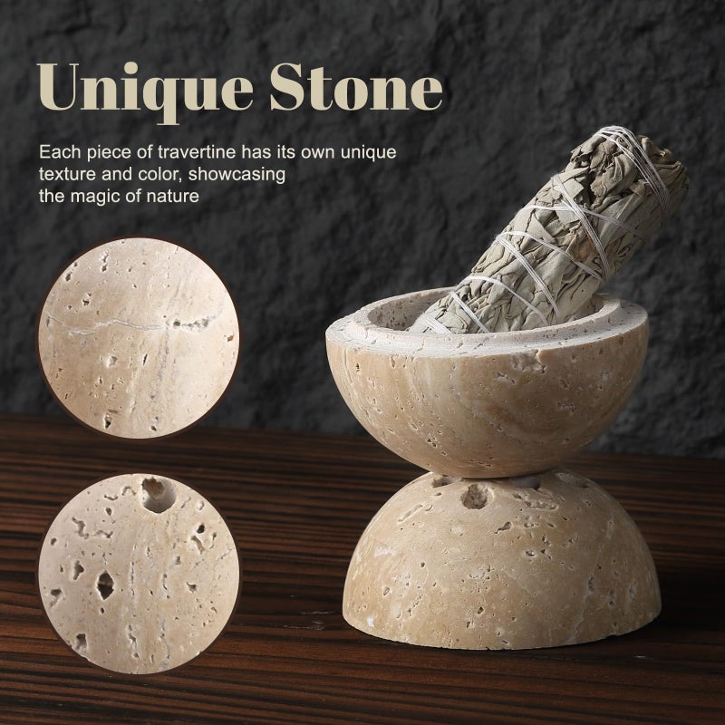 Koville Natural Travertine Incense Burner, Stone Incense Holder for Cone/Balsam Fir/Palo Santo/Sage, Handmade Sphere Marble Incense Burner for Meditation Yoga SPA Relaxation, Home Decor(Beige) - Image 4