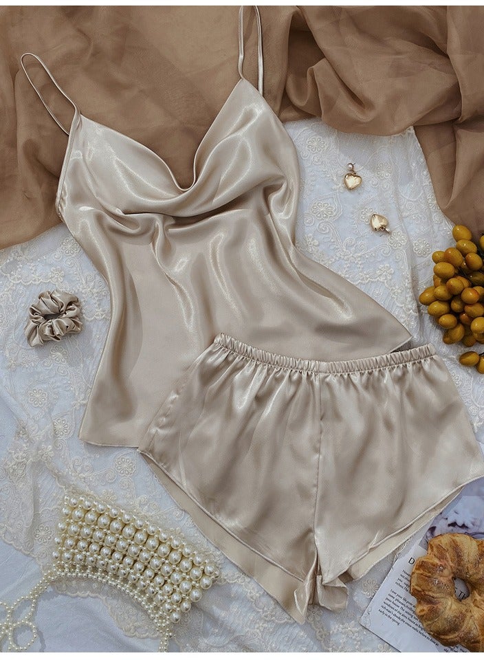 إسكدنيا Women's 3-Piece Set Solid Color Nightgown Sleepwear Suspender Top,Shorts And Rubber Band Soft Loungewear Pajamas Suit Khaki 