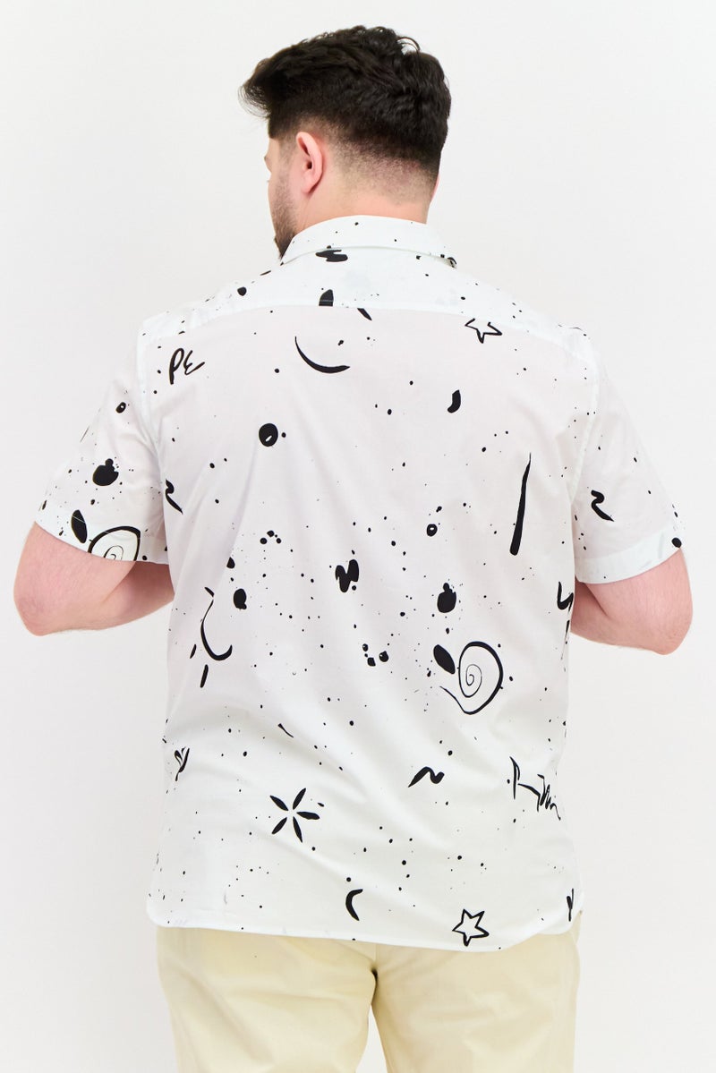 PERRY ELLIS Men Stretch Fit Allover Print Short Sleeve Casual Shirt, White - Image 3