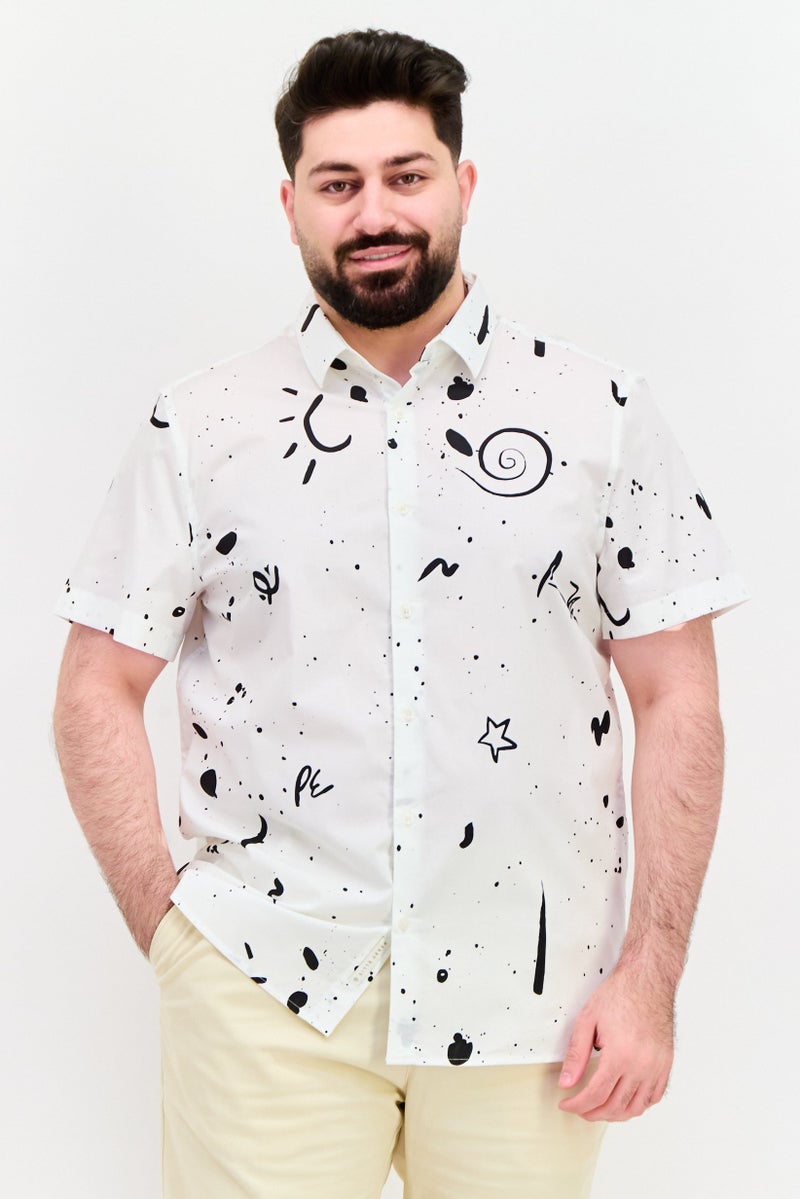PERRY ELLIS Men Stretch Fit Allover Print Short Sleeve Casual Shirt, White - Image 1