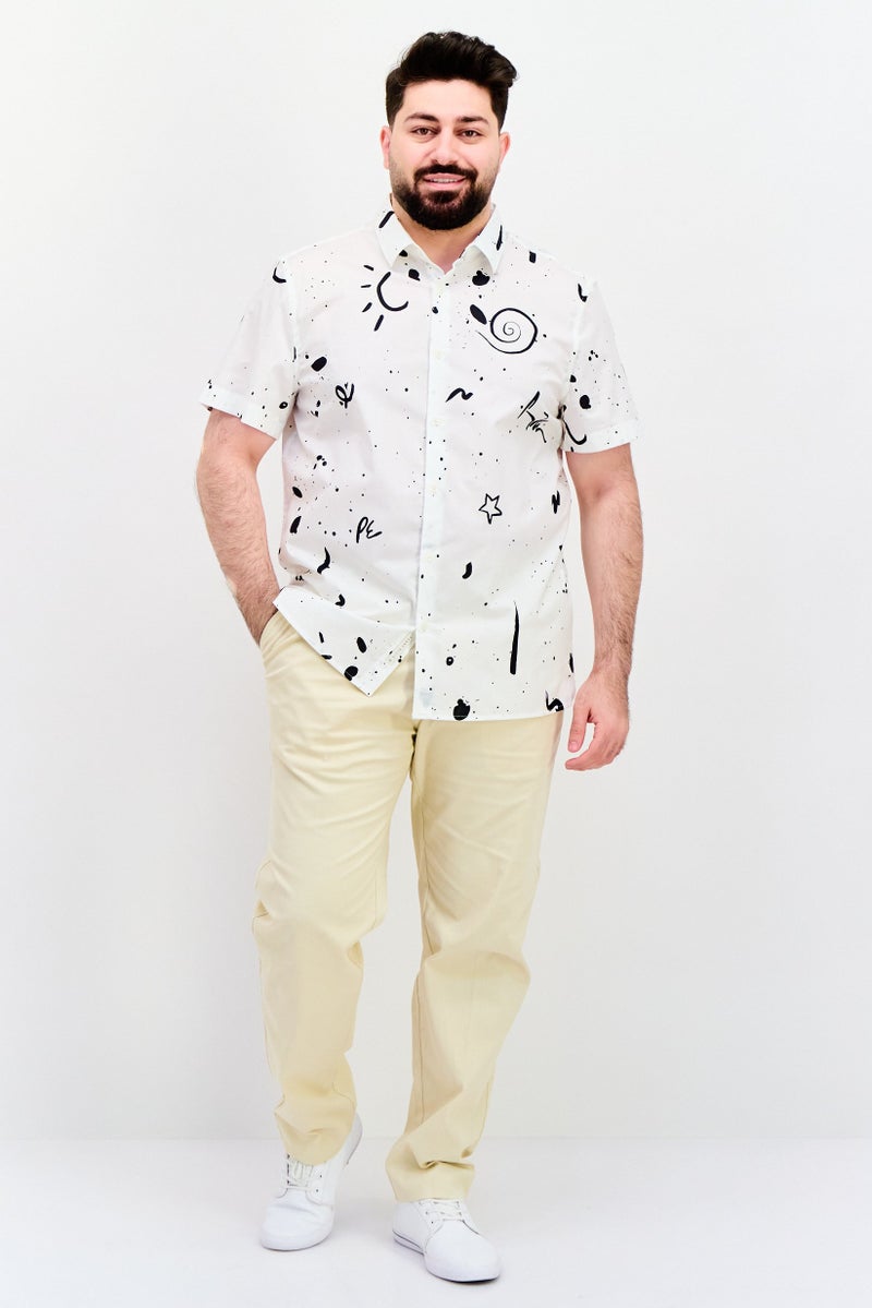 PERRY ELLIS Men Stretch Fit Allover Print Short Sleeve Casual Shirt, White - Image 4