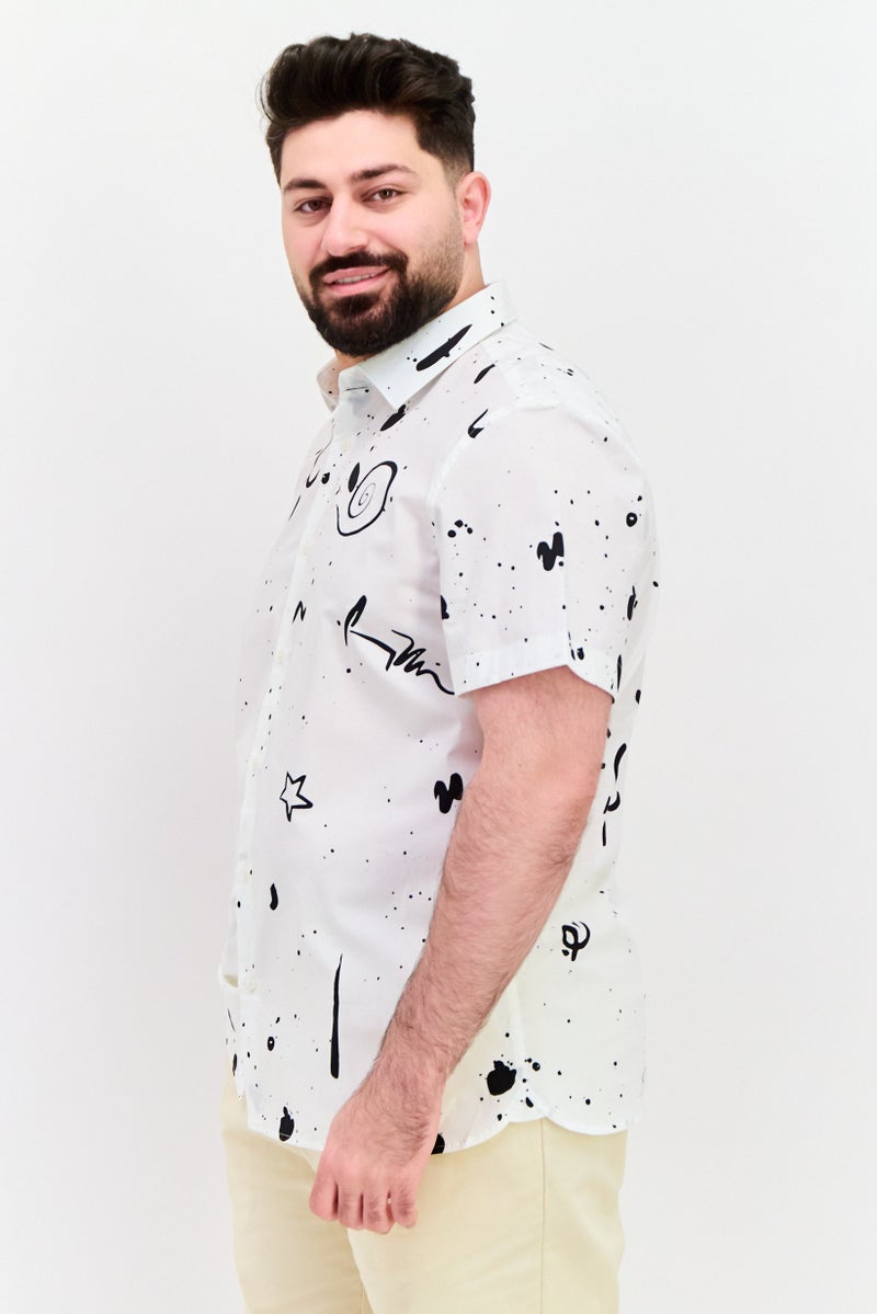 PERRY ELLIS Men Stretch Fit Allover Print Short Sleeve Casual Shirt, White - Image 2