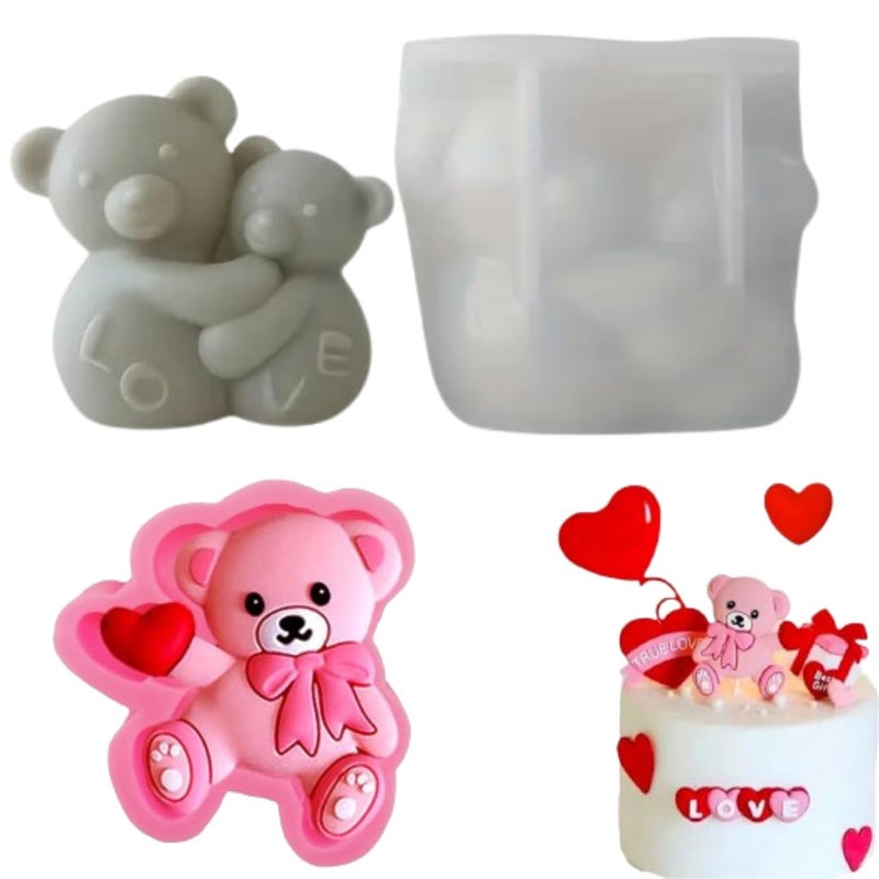 LEGACYCART 3D Teddy Bear with Heart and Love Bear Hugging Shape Candle Silicone Molds for Scented Candle Making DIY Aromatherapy Candles Wax Soap Plaster Polymer Clay Decoration Pack of 2 - Image 1