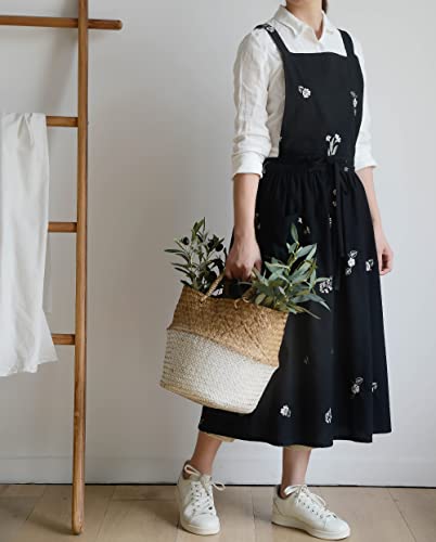 FADUOFA Japanese Cotton Linen Cross Back Apron for Women with Pockets,Fashion Pinafore Dress with Waist Ties - Image 2
