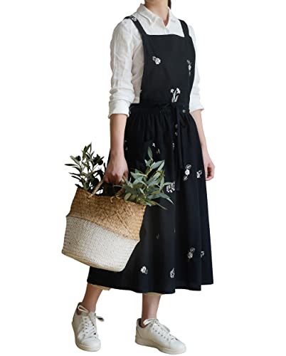 FADUOFA Japanese Cotton Linen Cross Back Apron for Women with Pockets,Fashion Pinafore Dress with Waist Ties - Image 1