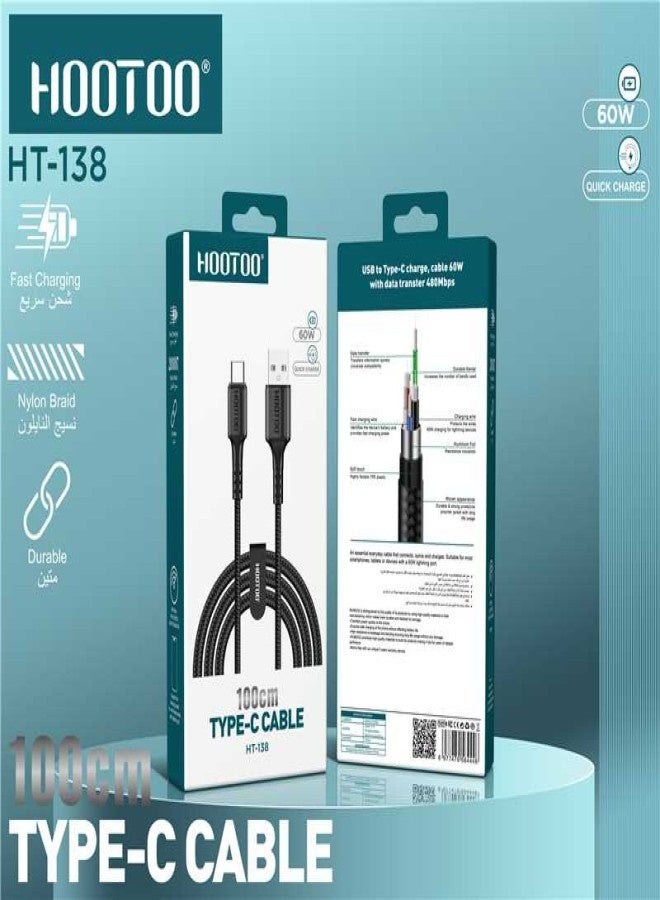 HooToo Usb to Type c charging cable supports 60W fast charging & data transfer. braided fabric type c cable fast charger durable and resistant. features a robust Type C connector with built-in protection for your phone.  1 meter charging cable is compatible with iPhones, Samsung, Huawei, Xiaomi, and many other devices. - Image 3