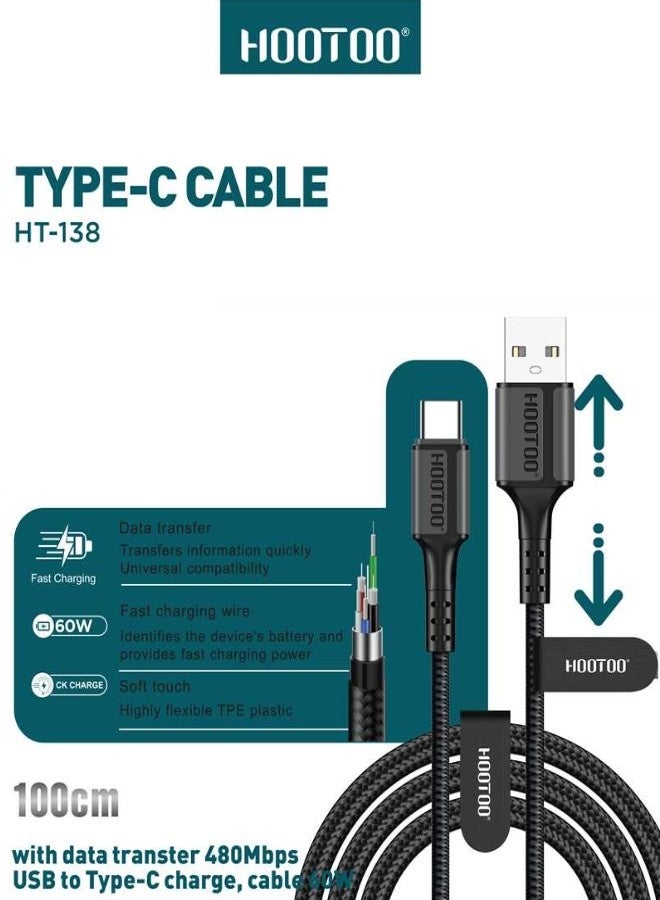 HooToo Usb to Type c charging cable supports 60W fast charging & data transfer. braided fabric type c cable fast charger durable and resistant. features a robust Type C connector with built-in protection for your phone.  1 meter charging cable is compatible with iPhones, Samsung, Huawei, Xiaomi, and many other devices. - Image 2