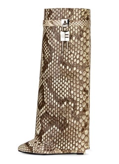 Loquat Women's Stylish Fold Over Knee High Boots Pointed Toe Wedge Heels Long Boots Serpentine Pattern 