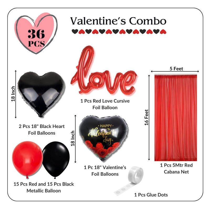 1iAM Valentine's Day Decoration Combo Pack of 36-1pc "love" Cursive Balloon, 1pc Red Net, 3pcs Heart & 30pcs Balloons & 1pc Glue Dots for Propose Day, Romantic Dinner, Surprise Party Decoration - Image 2
