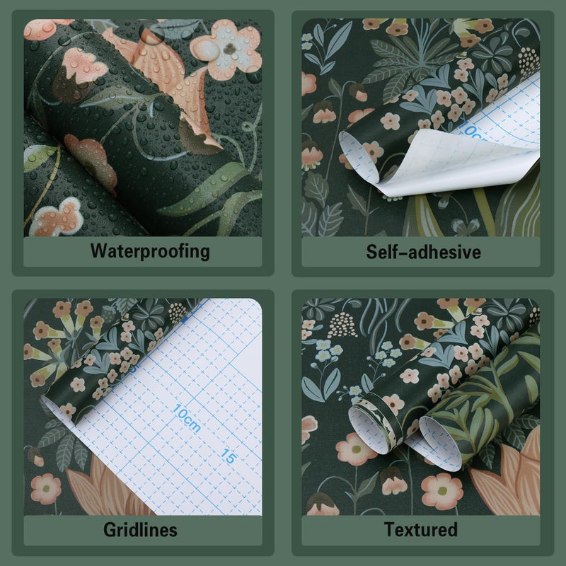 Toduso Peel and Stick Wallpaper Vintage Wall Paper Green Floral Contact Paper Removable Wallpaper 17.3"x78.7" Leaf Flower Self Adhesive for Bedroom Drawer Decor Vinyl Rolls - Image 3