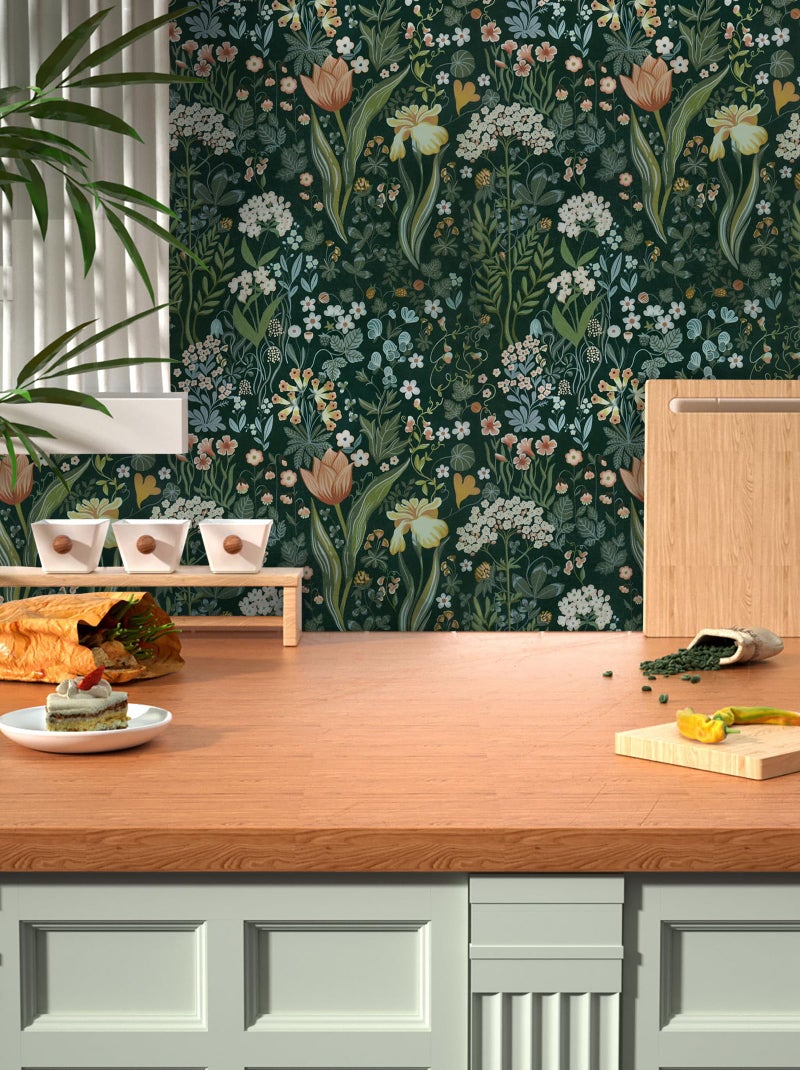 Toduso Peel and Stick Wallpaper Vintage Wall Paper Green Floral Contact Paper Removable Wallpaper 17.3"x78.7" Leaf Flower Self Adhesive for Bedroom Drawer Decor Vinyl Rolls - Image 5